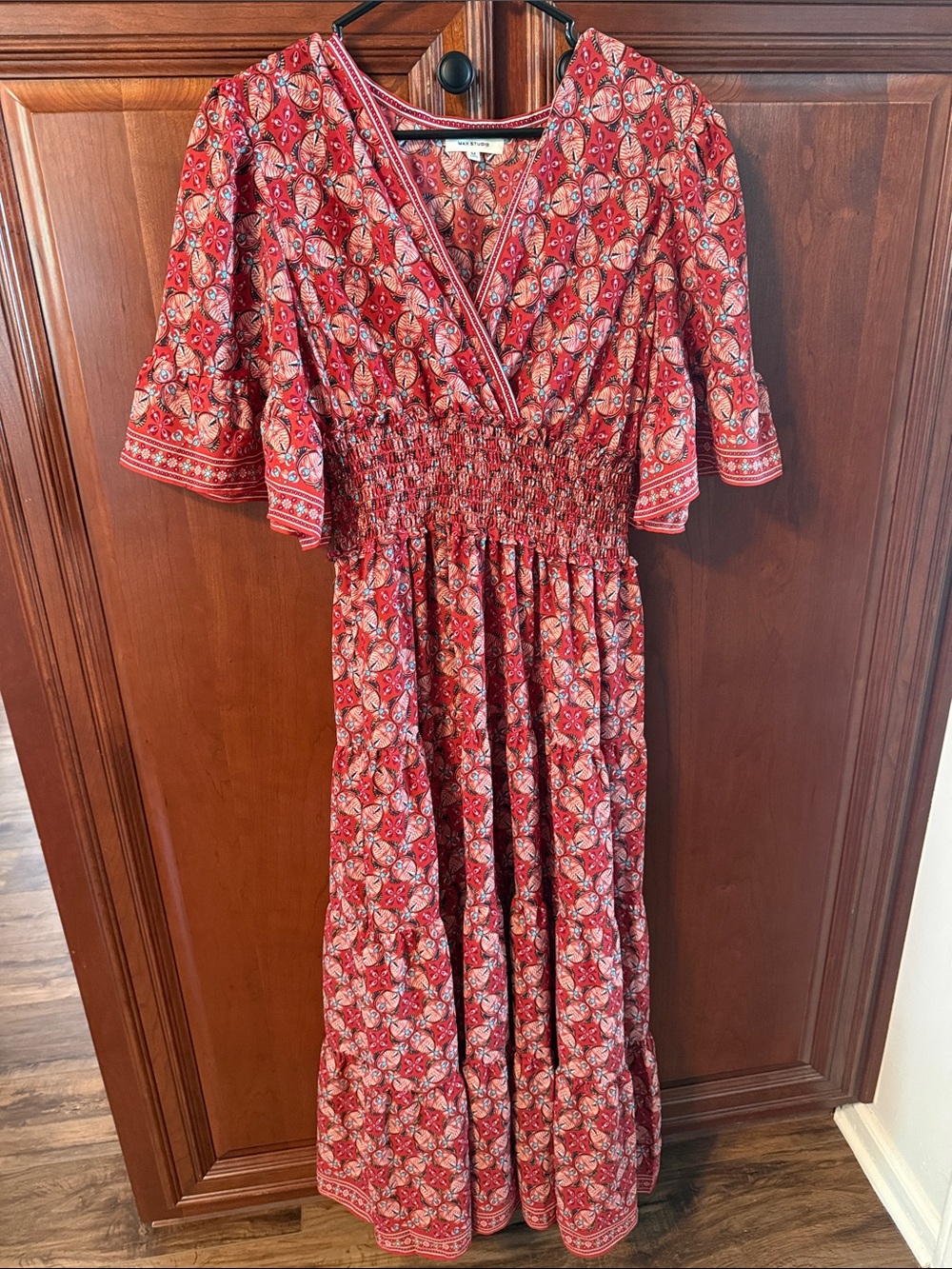 Max Studio Red Floral Smocked Maxi Dress with V-Neck